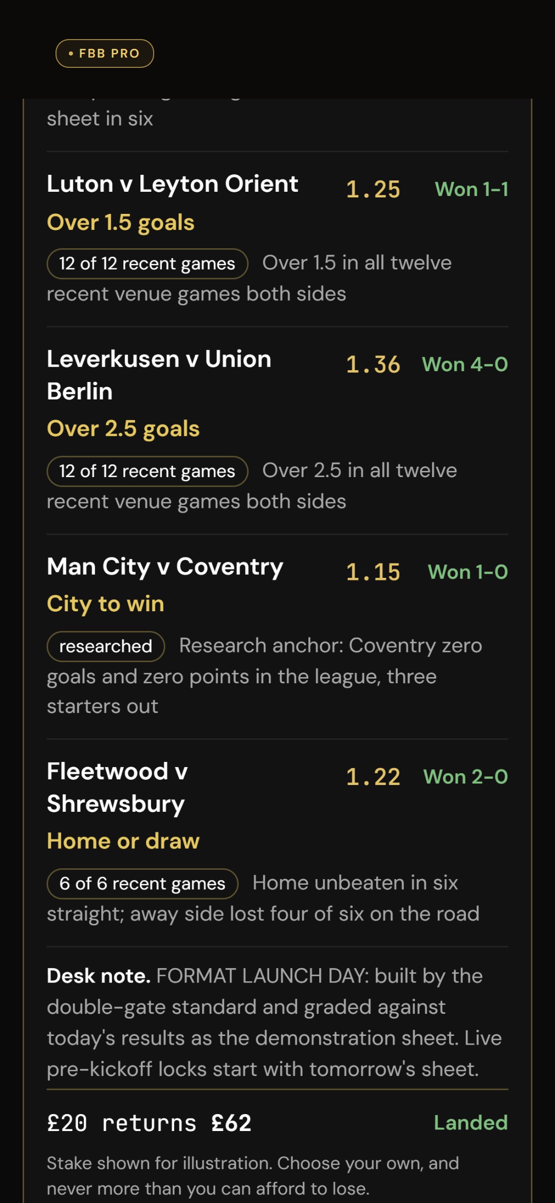 A past day on the singles page: the rule each single passed, and a single locked before kick-off and graded after