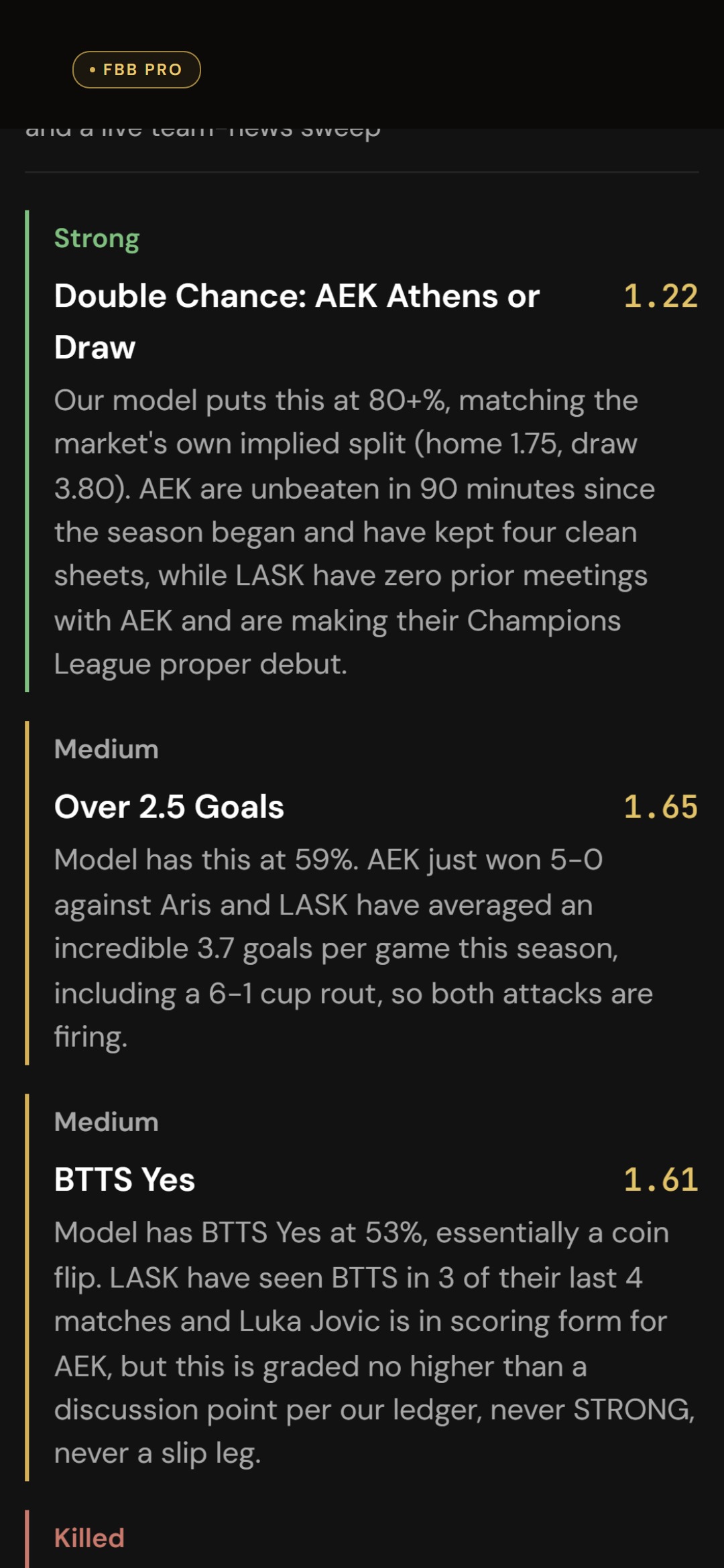 The desk's written card on a match page: headline, verdict, the reason and team news