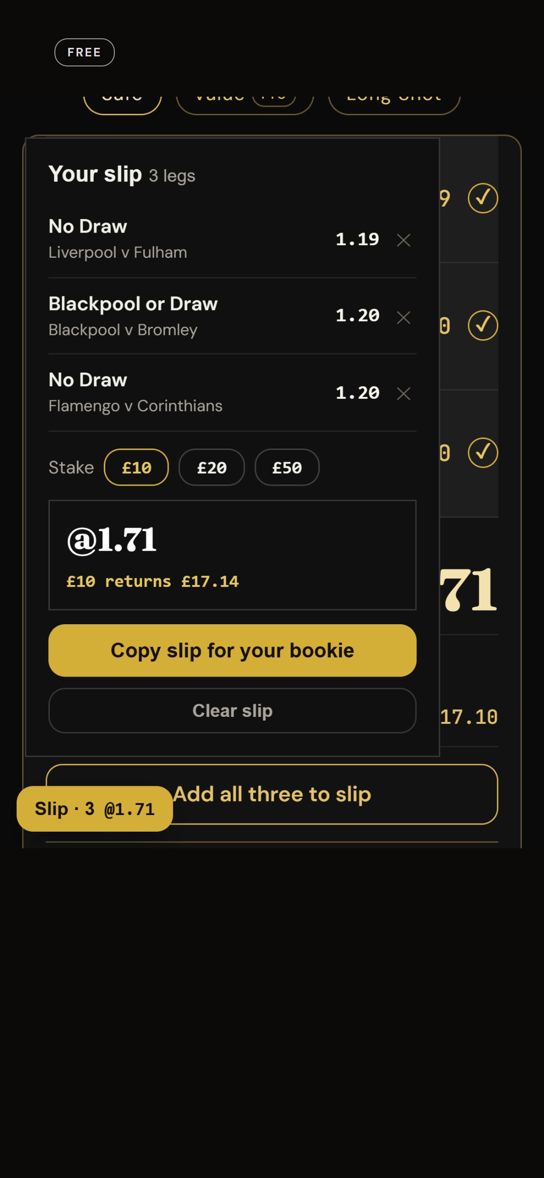 The bet slip panel with two legs, the combined price and a copy button